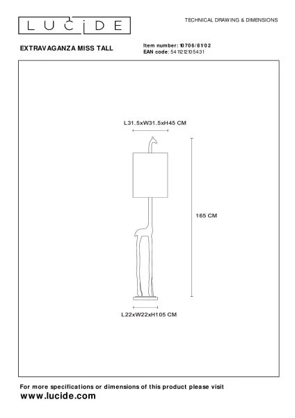 Lucide EXTRAVAGANZA MISS TALL - Lampadaire - Ø 31,5 cm - 1xE27 - Or Mat / Laiton - TECHNISCH